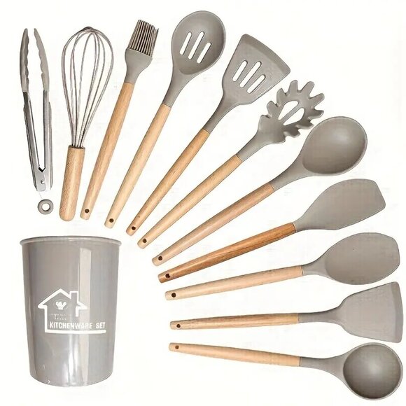 12pcs Non-Stick Silicone Kitchenware Utensil Set with Ergonomic Wooden Handle - Picture 1 of 11